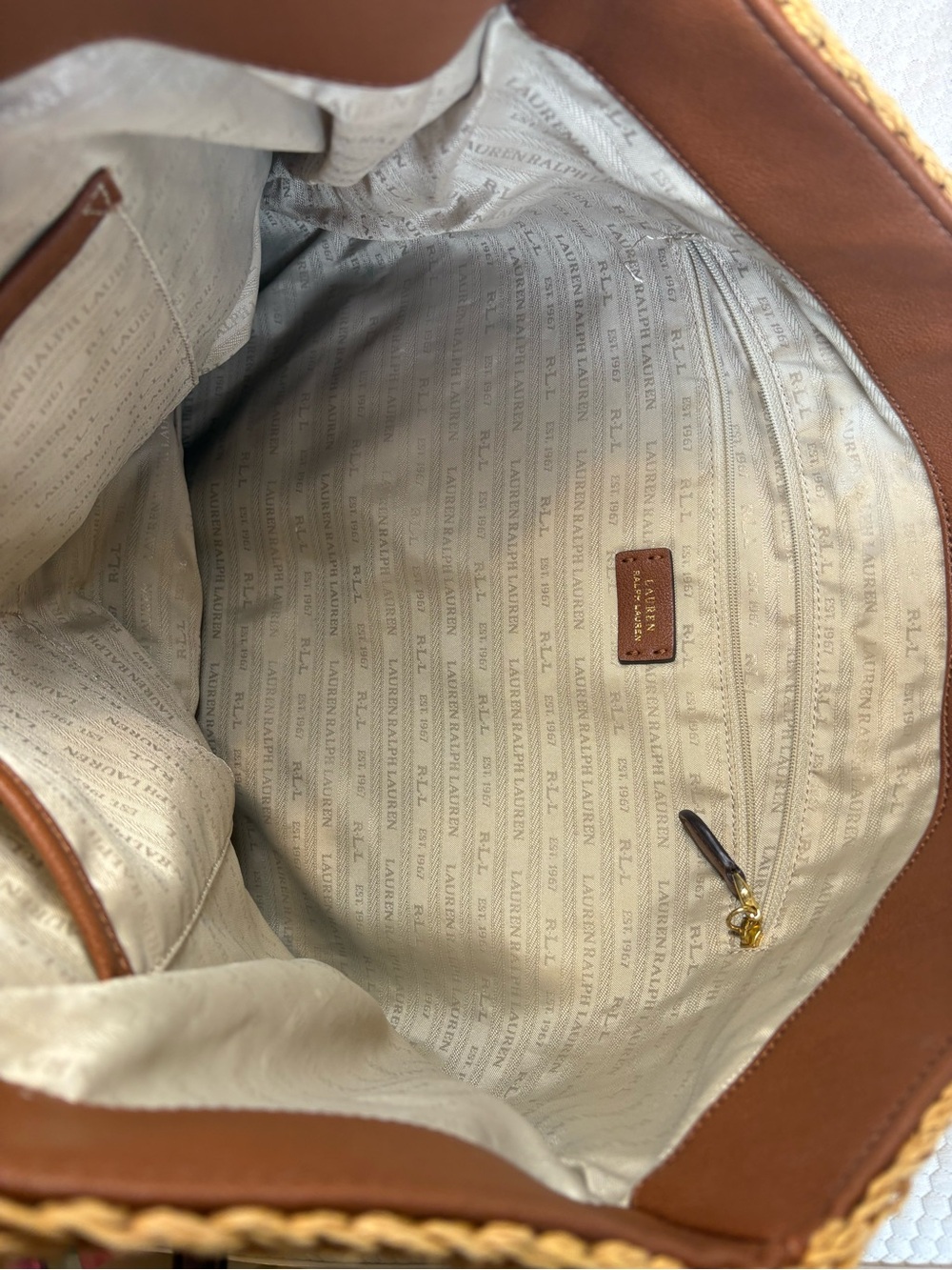 Ralph Lauren Tan Straw Tote with Brown Leather Trim - Picture 6 of 7
